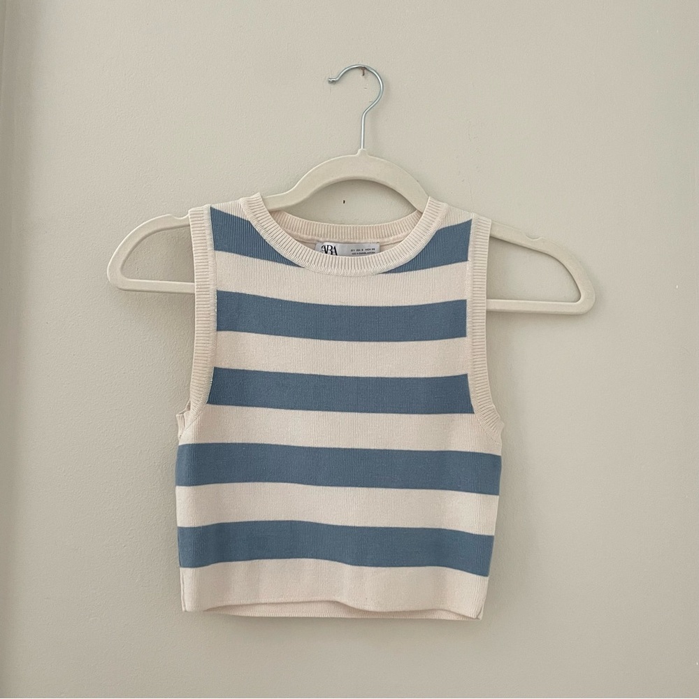 Zara Blue and White Striped Crop Tank Top